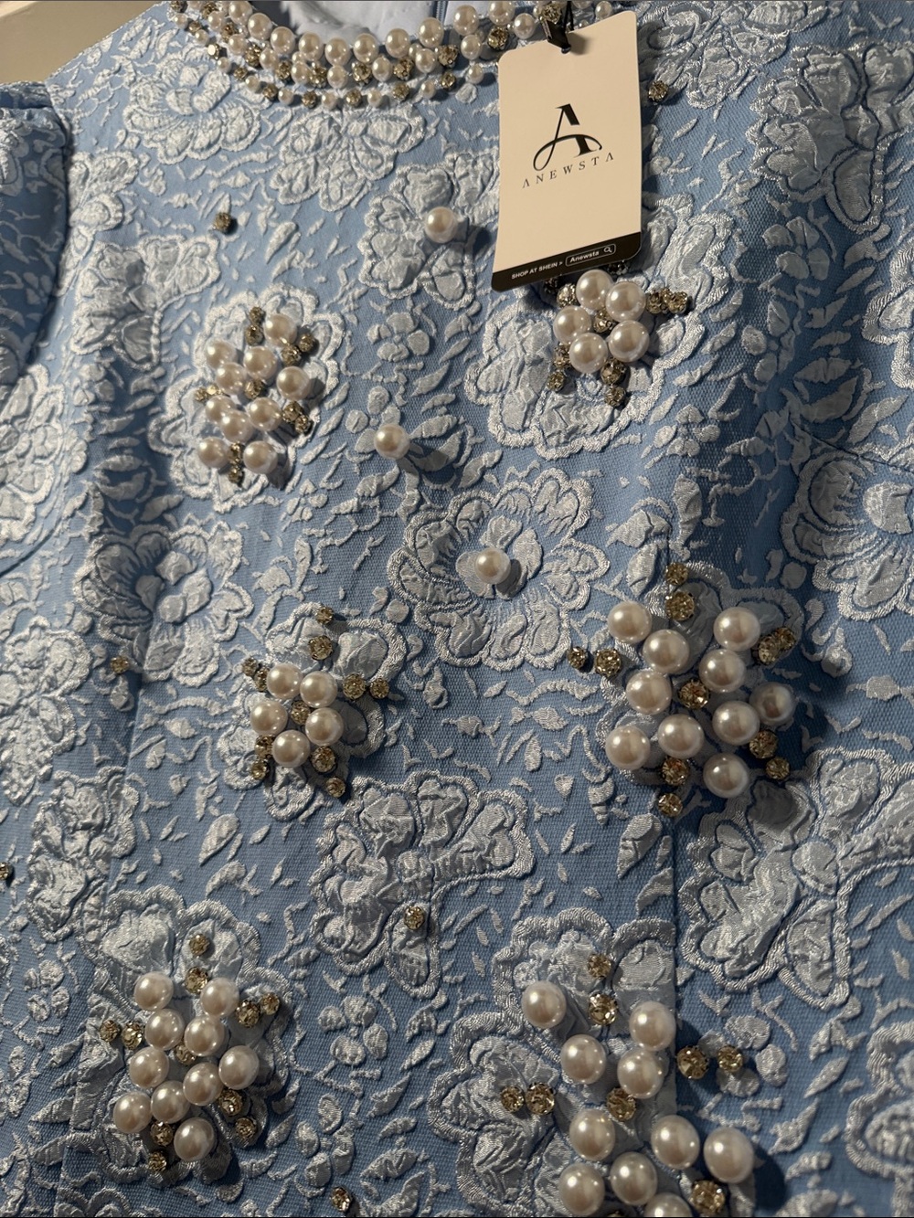 Women’s size 10 Pearl-Embellished Light Blue Lace Mini Dress look at description - Picture 3 of 12